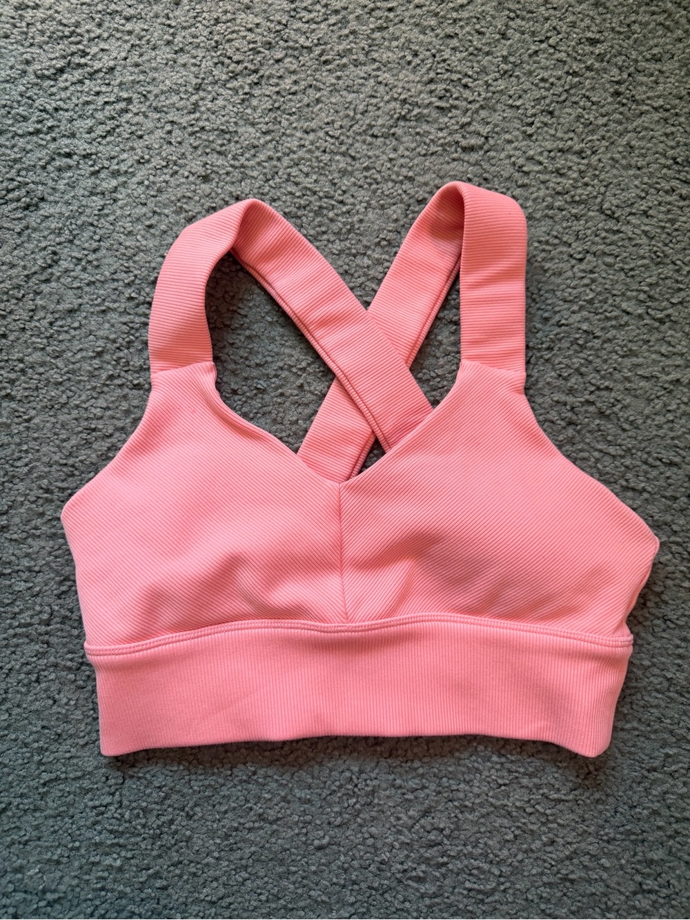 ALO Yoga Ribbed Cross-Back Sports Bralette in Coral Pink